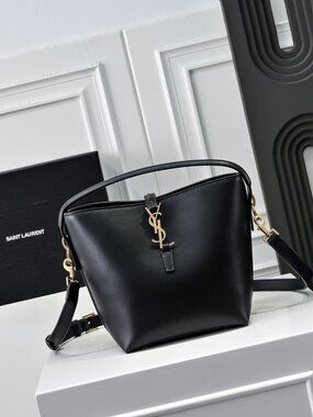 Yves Saint Laurent Black Leather Bucket Shoulder Bag with Gold YSL Logo